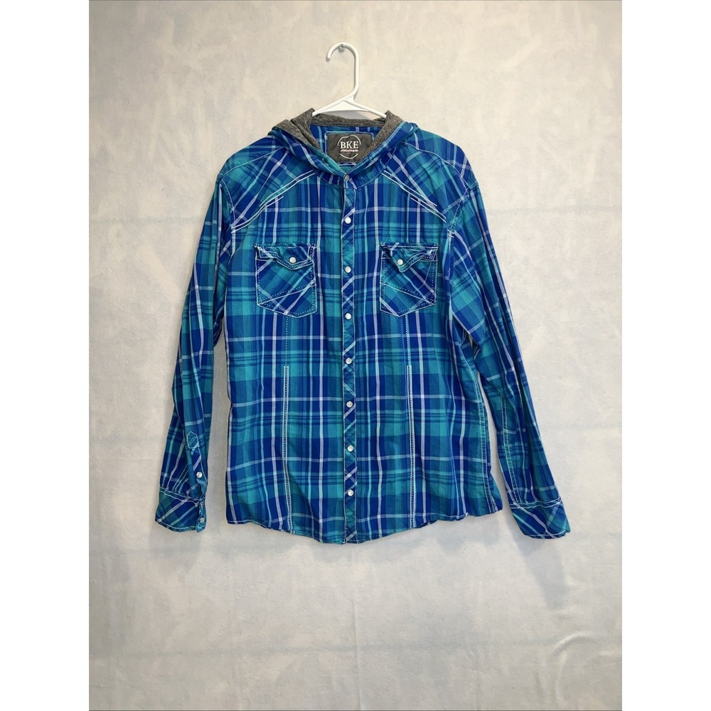 BKE Hoodie Mens XXL Blue‎ Plaid Cotton Pockets Classic Pearl Snap Tailored Fit